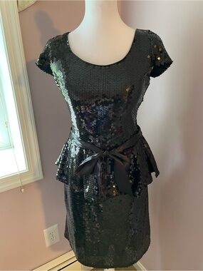 JS Boutique Black Sequin Peplum Dress with Satin Tie